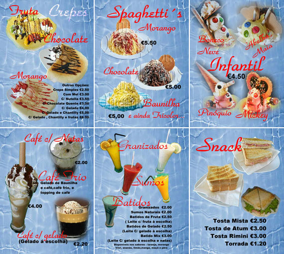 Crepes, Spaghetti, Gelados Infantis
