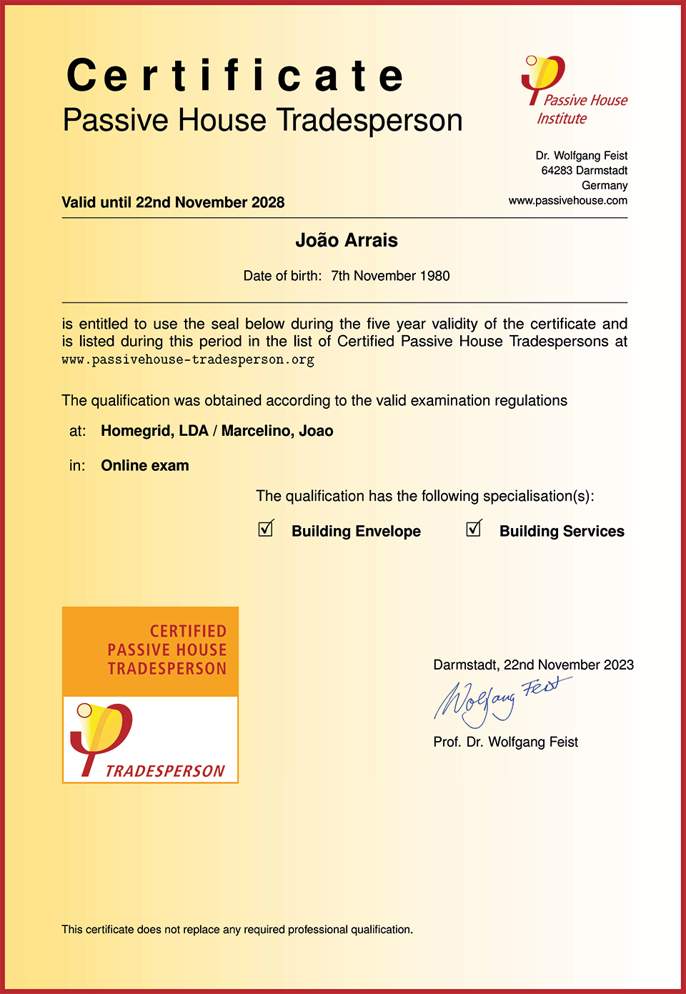 Certificado Passive House Tradesperson Certificado Passive House Tradesperson