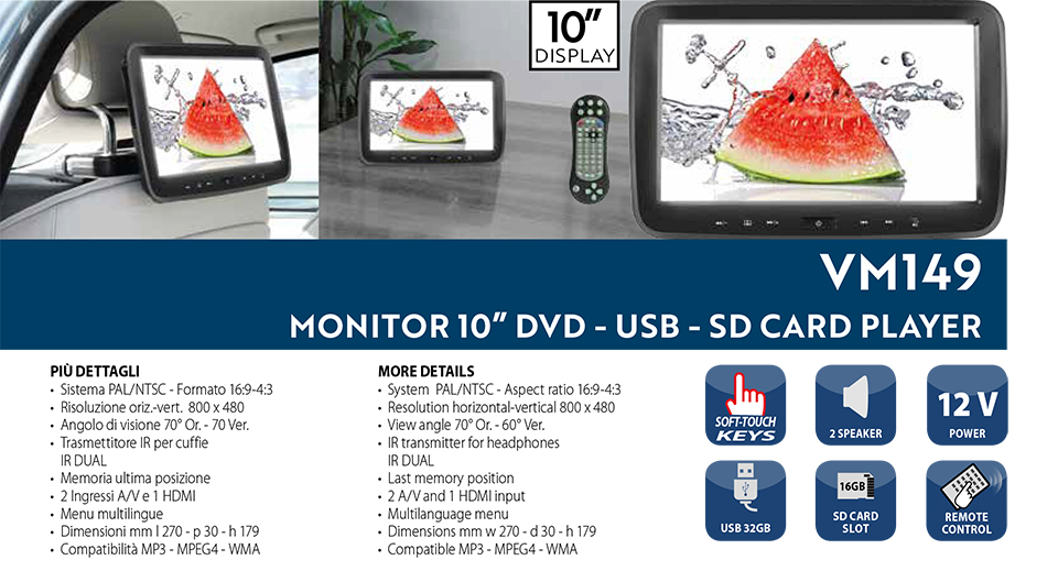 VM149 - Monitor 10" DVD - USB - SD Card Player